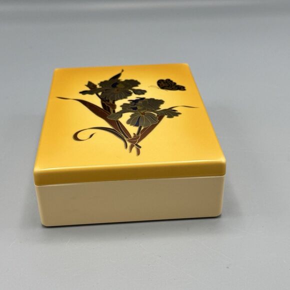 Plastic Celluloid Vanity Trinket Box Rectangle Yellow Irises Butterfly Kitschy - Picture 8 of 11